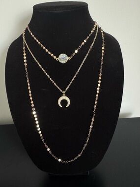 Delicate Gold-Tone Layered Moon & Angel Aura Quartz Necklace